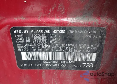 2018 Mitsubishi Mirage Es из США, поврежденный, VIN ML32A3HJ3JH009463